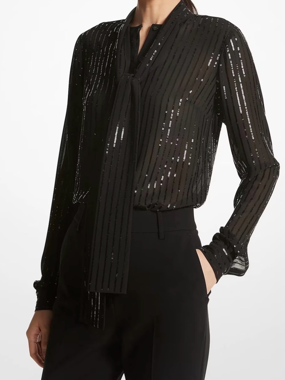 MICHAEL Michael Kors Black Sequin Stripe Tie-Neck Blouse